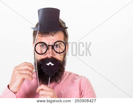 Dress Affects How People See You. Man Bearded Hipster Hold Cardboard Top Hat And Eyeglasses To Look 