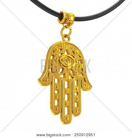 Golden Hamsa, Hand Of Fatima Amulet Coulomb On A White Background. 3d Rendering