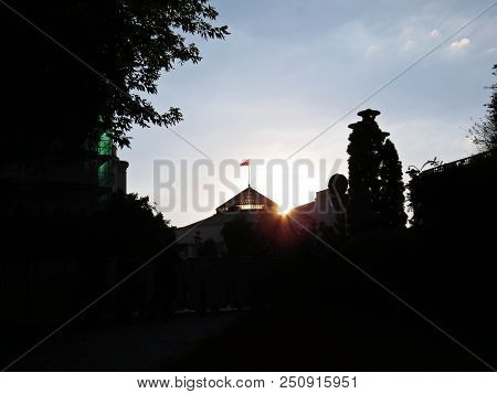 Sun Sunset Over Polish Senate And Parliament Building, Warsaw, Poland