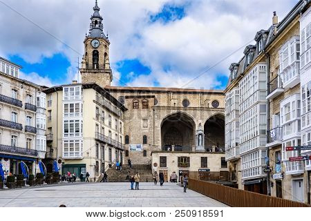 Alava, Spain. April 23, 2018: Church Of San Miguel Arcangel Seen From The Plaza De La Virgen Blanca 