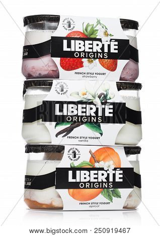 London, Uk - July 28, 2018: Liberte Origins French Style Yogurt On White Background.