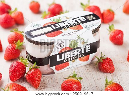 London, Uk - July 28, 2018: Pack Of Liberte Origins French Style Yogurt With Strawberry Flavour On W
