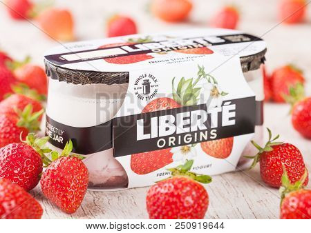 London, Uk - July 28, 2018: Pack Of Liberte Origins French Style Yogurt With Strawberry Flavour On W