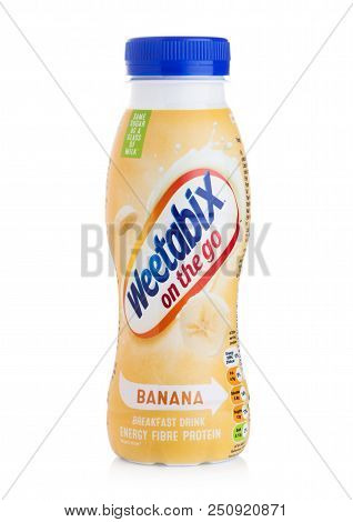 London, Uk - July 29, 2018: Plastic Bottle Of Weetabix Breakfast Drink Energy Fiber Protein With Ban