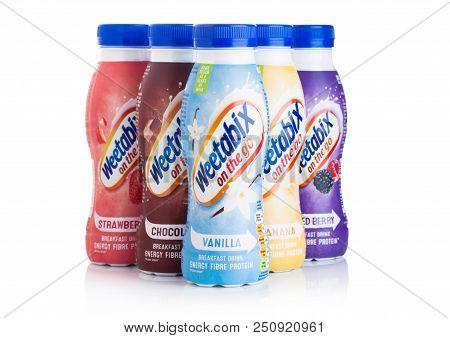 London, Uk - July 29, 2018: Plastic Bottles Of Weetabix Breakfast Drink Energy Fiber Protein On Whit