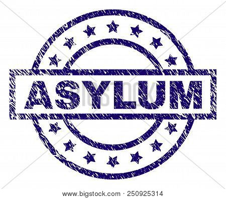 Asylum Seal Print With Distress Texture. Designed With Rectangle, Circles And Stars. Blue Vector Rub