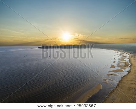 Aerial View Of Seashore With Beach, Lagoons And Coral Reefs. Coastline With Sand And Water. Tropical