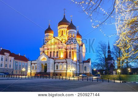 Russian Orthodox Alexander Nevsky Cathedral And Christmass Illuminated At Night, Tallinn, Estonia
