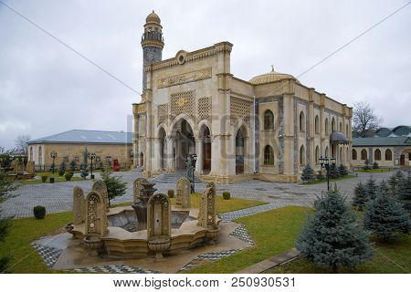 Gabala, Azerbaijan - January 03, 2018: City Mosque Cloudy January Day