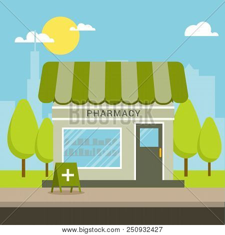 Facade Of Pharmacy Store In Urban Space. Pharmacy Flat Design. Vector Stock.