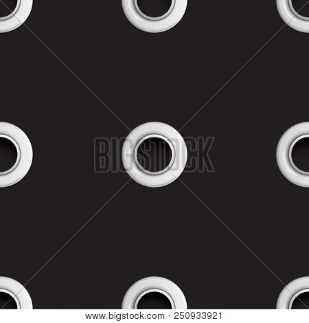 Golden Eyelet Seamless Pattern Isolated On Black Background. Metal Polka Dot With Hole Imitation. Ve