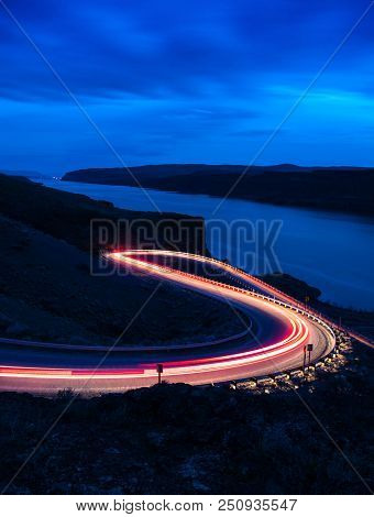 Light Trails Heading Down To Wanapum, Washington