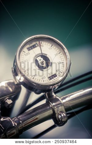 Close Up Shot With The Speedometer Of A Vintage Motorcycle.