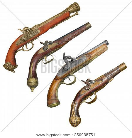 Four Old Vintage Firelock Gun Isolated On White Background