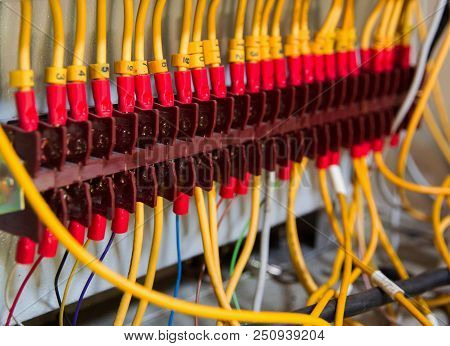 The Electric Wire On Voltage Box,the Instrial Control Panet With Wires,the Electrial System,blurry L