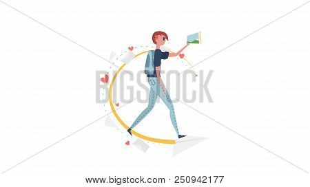 Modern Young Redhead Girl In Jeans. Woman Shoots Video On The Tablet. Illustration Of A Girl And A S