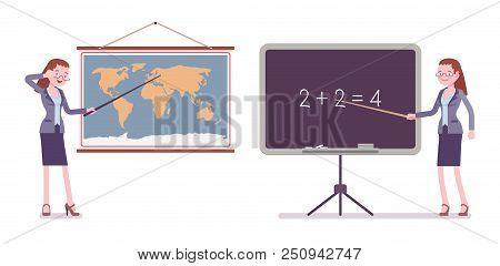 Female Teacher Stands At Map, Blackboard. School, Universirty, College Worker, Lesson For Students. 