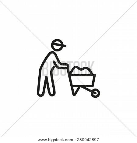 Construction Worker Pushing Cart With Cement Line Icon. Worker, Handcart, Labor. Engineering Concept