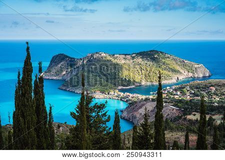 View Of Assos Village And Beautiful Blue Sea Bay, Kefalonia Island, Greece.