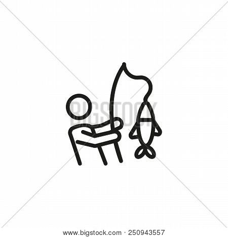 Person Catching Fish Line Icon. Recreation, Pulling, Fisherman. Fishing Concept. Vector Illustration
