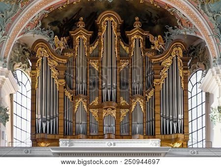 St. Gallen, Switzerland - February 2nd, 2017: Organ Of The Abbey Of Saint Gall In Switzerland, Unesc