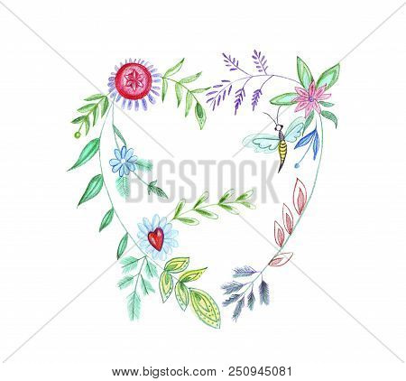 Hand Drawing Watercolor Pencils Heart Made Up Of Flowers And Plants Of Different Forms