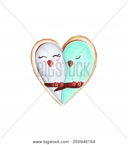Hand Drawn Watercolor Pencils Two Love Each Other Birds Embraced In The Form Of Heart