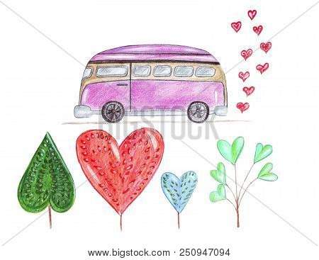 Hand Drawing Watercolor Pencils Machine With The Newlyweds Riding On A Journey With Hearts In The Fo