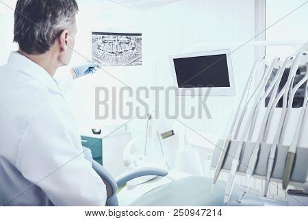 Examining Xray Of Teeth. Office Of Orthodontist. Reception At Cabinet Of Dentist. Stomatologist In M