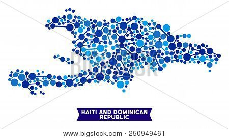 Network Haiti And Dominican Republic Map Collage. Abstract Territorial Plan Of Relations In Blue Sha