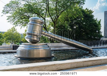 Columbus, Oh - June 17, 2018: Stainless Steel Gavel Sculpture Created By Andrew Scott Located In The
