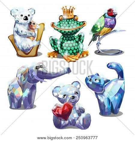 A Set Of Animal Figurines Of Faceted Gems Isolated On White Background. Vector Cartoon Close-up Illu