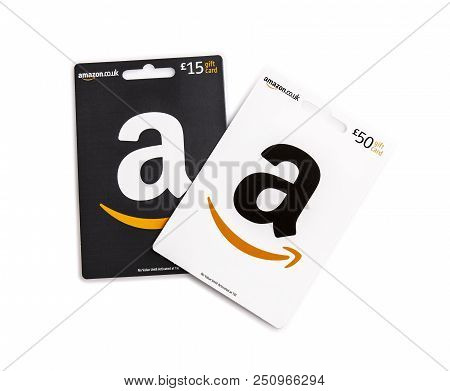 Swindon, Uk - June 27, 2018: Two Amazon Gift Cards On A White Background