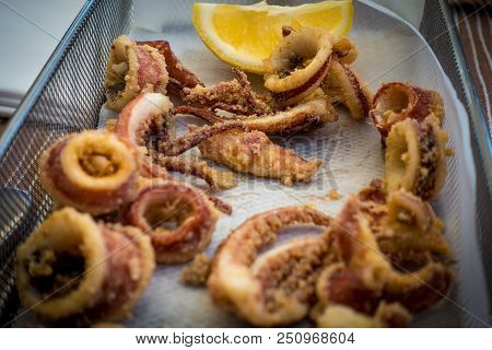 Fried Or Breaded Squid Is A Dish In Mediterranean Cuisine And A Popular Tapas Dish In Spain