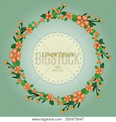 A Pattern In The Form Of A Wreath Of Orange Flowers And Green Leaves, On A Greyish Green Background.