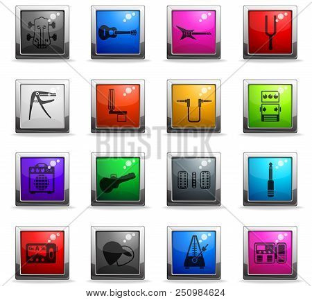 Guitar And Accessories Web Icons In Square Colored Buttons