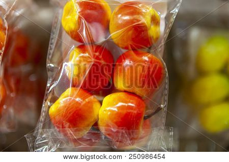 Dummy Of An Apple From A Foam Plastic. Fake Apple For Advertising. Moulage. Macro Photo Of Fruits. S