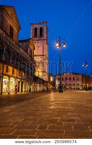 Ferrara, Italy - July, 23, 2018: street in the historical center of Ferrara at a night