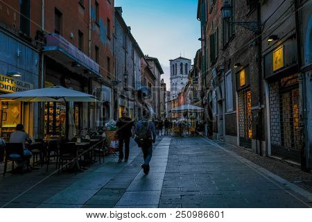Ferrara, Italy - July, 23, 2018: street in the historical center of Ferrara at a night