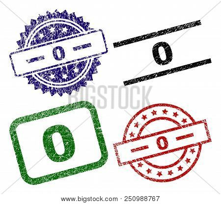 0 Seal Prints With Corroded Texture. Black, Green, Red, Blue Vector Rubber Prints Of 0 Caption With 