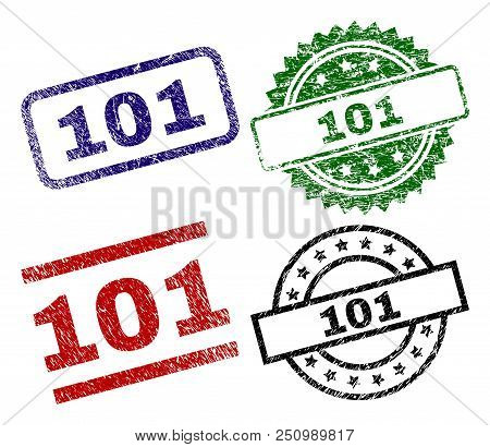 101 Seal Prints With Distress Texture. Black, Green, Red, Blue Vector Rubber Prints Of 101 Text With