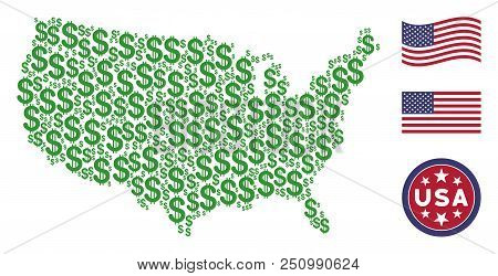 Dollar Icons Are Organized Into Usa Map Collage. Vector Concept Of America Territory Map Is Construc