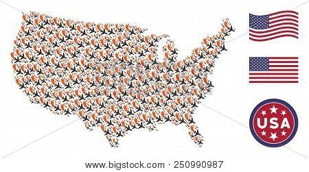 Falling Airplane Items Are Organized Into American Map Collage. Vector Composition Of American Geogr