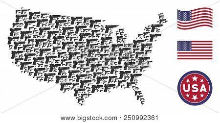 Pistol Gun Pictograms Are Arranged Into American Map Stylization. Vector Collage Of American Territo