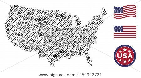 Trident Fork Icons Are Combined Into American Map Mosaic. Vector Composition Of Usa Territory Map Is
