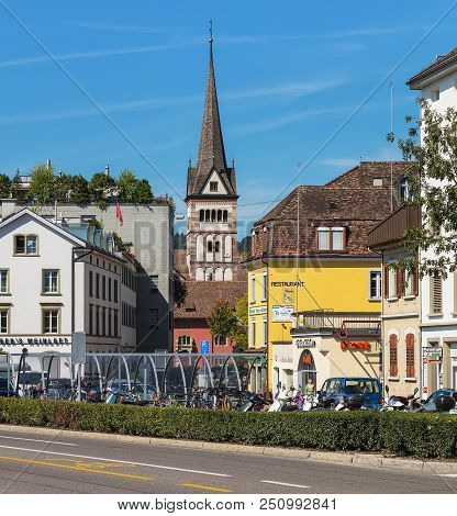 Schaffhausen, Switzerland - August 29, 2015: Buidings Of The City Of Schaffhausen, Tower Of The All 