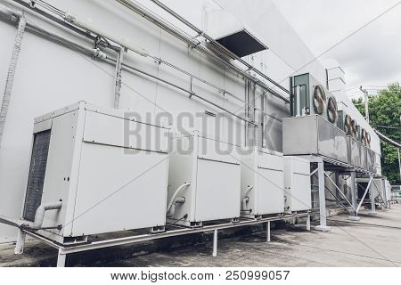 Outdoor Row Of Compressor Hvac Chiller Fan Coil Unit (fcu) Of Air Conditioning.
