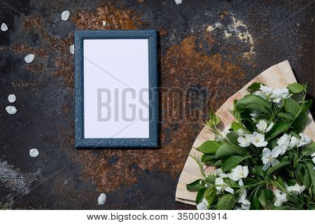 Creative Top View Apple Tree Blooming Flowers Brunch Frame, Paper Fan On  Rustic Wooden   Background