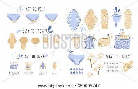 Zero Waste Woman Menstrual Period Vector Cartoon Flat Set With Eco Friendly Products - Reusable Mens