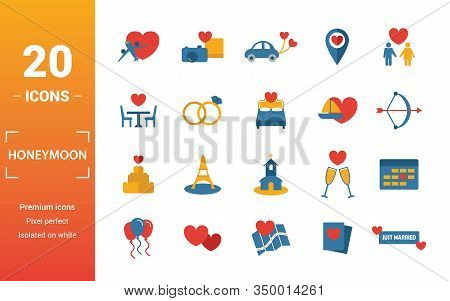 Honeymoon Icon Set. Include Creative Elements Travel, Just Married, Dinner, Boar Trip, Cake Icons. C